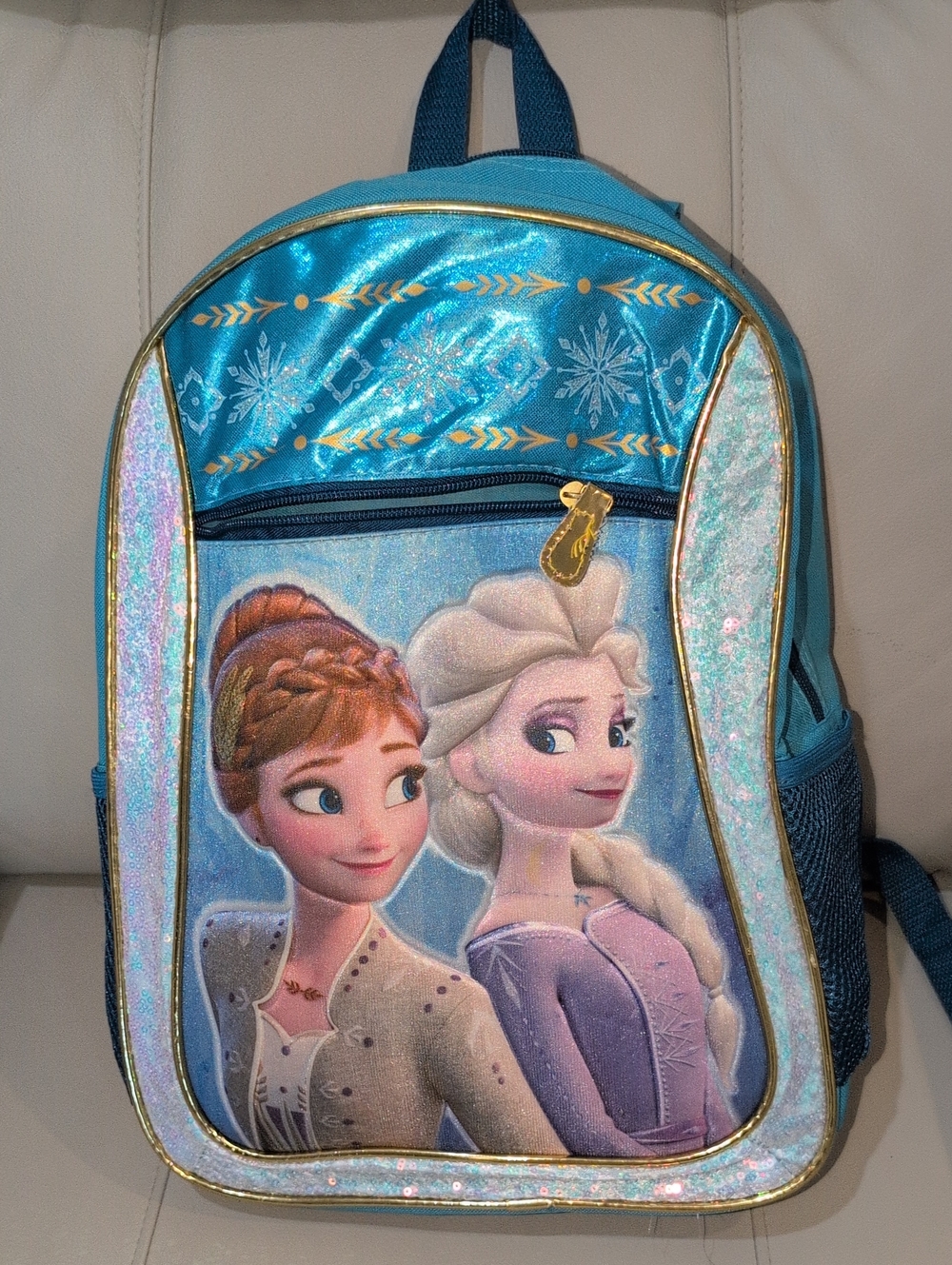 Disney Frozen Teal Blue , Gold, Purple Backpack with Elsa & Anna